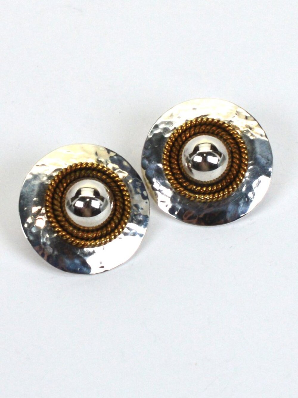 Vintage Laton Mexican Sterling Silver Hammered Disc Earrings for Pierced Ears